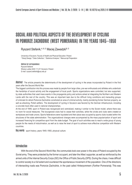 Social and Political Aspects of the Development of Cycling in Pomorze Zachodnie (West Pomerania) in the Years 1945–1950