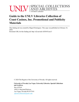 Guide to the UNLV Libraries Collection of Coast Casinos, Inc