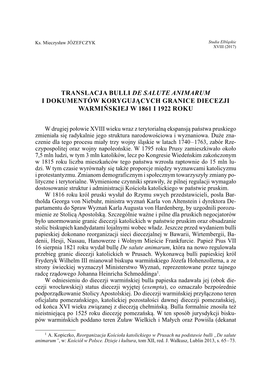 Translacja Bulli De Salute Animarum I Dokumentów Korygujących Granice Diecezji Warmińskiej W 1861 I 1922 Roku