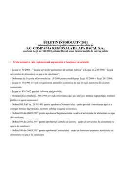 BULETIN INFORMATIV 2011 Informaţii De Interes Public Comunicate Din Oficiu De S.C