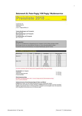 Preisliste 2018 Exkl. MWST PRIVATE