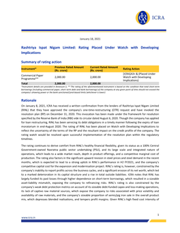 Rashtriya Ispat Nigam Limited: Rating Placed Under Watch with Developing Implications