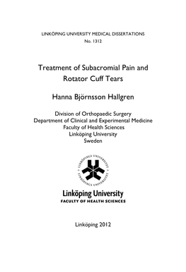 Treatment of Subacromial Pain and Rotator Cuff Tears Hanna Björnsson Hallgren