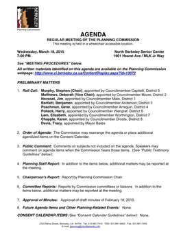 AGENDA REGULAR MEETING of the PLANNING COMMISSION This Meeting Is Held in a Wheelchair Accessible Location