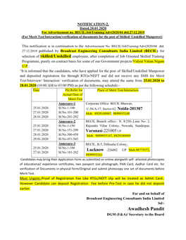 Awadhesh Pandit DGM (F&A)/ Secretary to the Board Annexure-1 Date of Interaction/ Verfication of Documents on 25 JAN 2020 Interview Sr