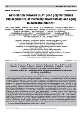 Association Between GGA1 Gene Polymorphisms and Occurrence of Mammary Mixed Tumors and Aging in Domestic Bitches1)