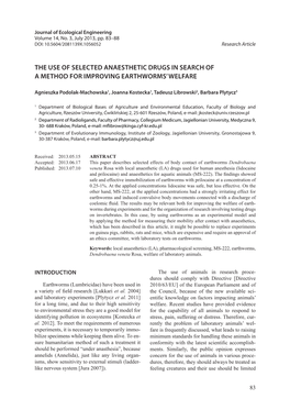 The Use of Selected Anaesthetic Drugs in Search of a Method for Improving Earthworms’ Welfare