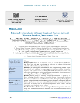 Intestinal Helminths in Different Species of Rodents in North Khorasan Province, Northeast of Iran