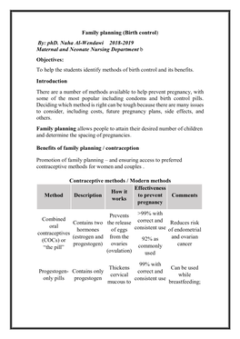 Family Planning (Birth Control) By: Phd. Nuha Al-Wendawi 2018-2019