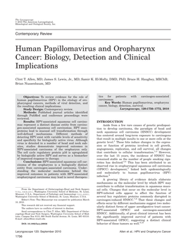 Human Papillomavirus and Oropharynx Cancer: Biology, Detection and Clinical Implications
