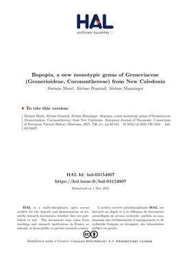 Bopopia, a New Monotypic Genus of Gesneriaceae (Gesnerioideae, Coronanthereae) from New Caledonia Jérémie Morel, Jérôme Duminil, Jérôme Munzinger