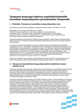 Tampereen Kaupungin Hakemus Ympäristöministeriölle Kansallisen Kaupunkipuiston Perustamiseksi Tampereelle