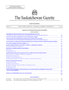 Sask Gazette, Part I, Feb 13, 2009