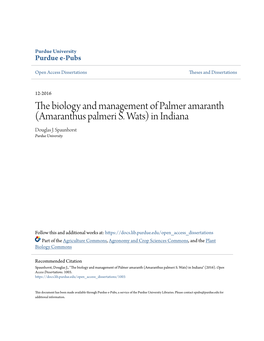 The Biology and Management of Palmer Amaranth (Amaranthus Palmeri S