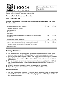 Report of the Head of Parks and Countryside Report to North East Inner Area Committee Date: 17Th October 2011 Subject: Annual Re