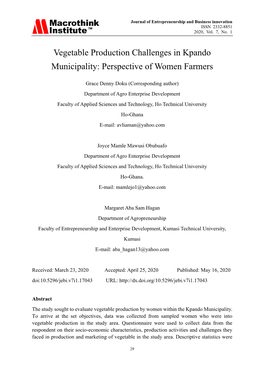 Vegetable Production Challenges in Kpando Municipality: Perspective of Women Farmers