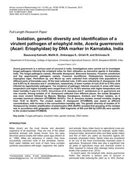 Isolation, Genetic Diversity and Identification of a Virulent Pathogen of Eriophyid Mite, Aceria Guerreronis (Acari: Eriophyidae) by DNA Marker in Karnataka, India