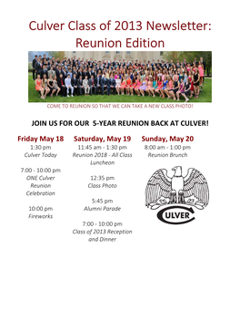 Culver Class of 2013 Newsletter: Reunion Edition