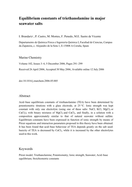 Equilibrium Constants of Triethanolamine in Major Seawater Salts