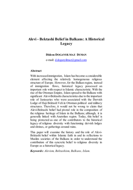 Alevi - Bektashi Belief in Balkans: a Historical Legacy