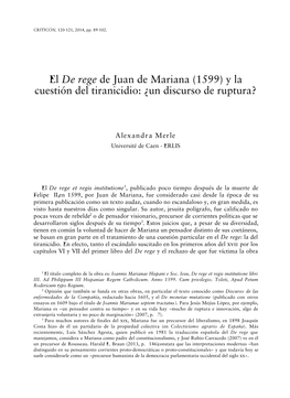 El De Rege De Juan De Mariana (1599) Y La Cuestión Del Tiranicidio: ¿Un Discurso De Ruptura?