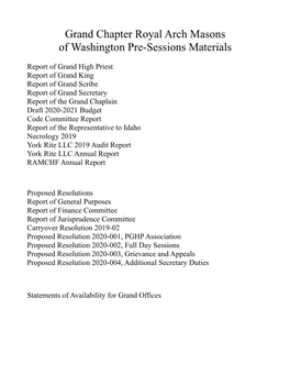 Grand Chapter Royal Arch Masons of Washington Pre-Sessions Materials