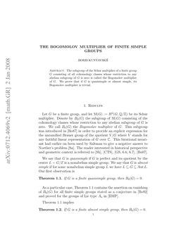 Arxiv:0712.4069V2 [Math.GR] 2 Jan 2008 Ooooycasswoersrcint N Bla Ugopof Subgroup Abelian Any to Restriction Whose Classes Cohomology by Denote Multiplier