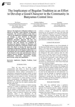 The Implicature of Begalan Tradition As an Effort to Develop a Good Character in the Community in Banyumas Central Java