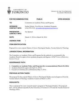 Proposal for a New Conjoint Master of Arts in Theological Studies, Toronto School of Theology