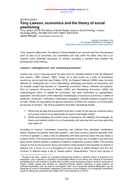 Tony Lawson, Economics and the Theory of Social Positioning Tony Lawson (2019) the Nature of Social Reality: Issues in Social Ontology