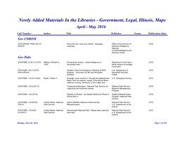 Newly Added Materials in the Libraries - Government, Legal, Illinois, Maps April - May 2016