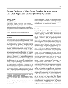 Variation Among Lake Chub (Cyprinidae: Couesius Plumbeus) Populations*