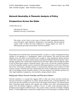 Network Neutrality: a Thematic Analysis of Policy Perspectives Across the Globe