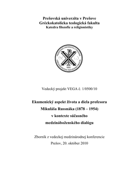 Prešovská Univerzita V Prešove Gréckokatolícka Teologická Fakulta Katedra Filozofie a Religionistiky