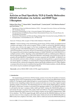 Activins As Dual Specificity TGF- Family Molecules: SMAD-Activation