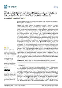 Variation in Ectosymbiont Assemblages Associated with Rock Pigeons (Columba Livia) from Coast to Coast in Canada