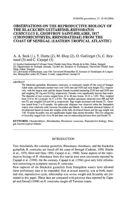 Observations on the Reproductive Biology of the Blackchin Guitarfish, Rhznqbatos Cemzculus E