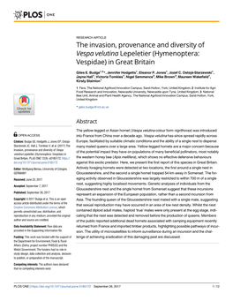 The Invasion, Provenance and Diversity of Vespa Velutina Lepeletier (Hymenoptera: Vespidae) in Great Britain