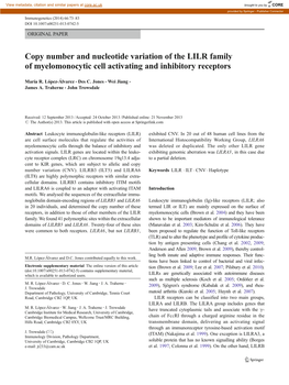 Copy Number and Nucleotide Variation of the LILR Family of Myelomonocytic Cell Activating and Inhibitory Receptors