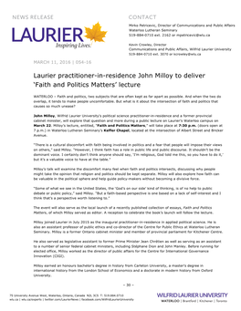 Laurier Practitioner-In-Residence John Milloy to Deliver ‘Faith and Politics Matters’ Lecture