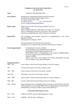 CURRICULUM VITAE of TUNDE PETO 21St March 2013