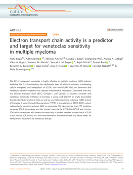 Electron Transport Chain Activity Is a Predictor and Target for Venetoclax Sensitivity in Multiple Myeloma