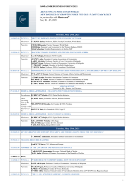 KOPAONIK BUSINESS FORUM 2021 ADJUSTING to POST-COVID WORLD: NEW SOURCES of GROWTH UNDER the GREAT ECONOMIC RESET in Partnership