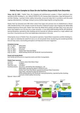 Palette Town Complex to Close On-Site Facilities Sequentially from December