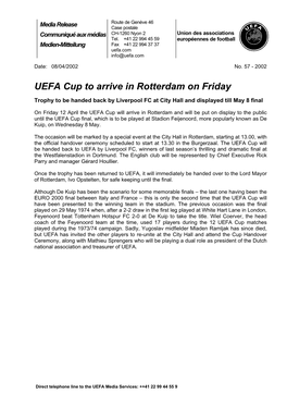UEFA Cup to Arrive in Rotterdam on Friday
