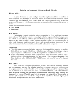 Tutorial on Adder and Subtractor Logic Circuits Digital Adder: 1. Half Adder 2. Full Adder. Half Adder- Full Adder