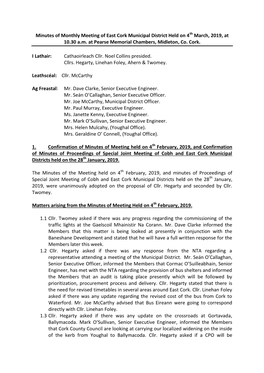 Minutes of Monthly Meeting of East Cork Municipal District Held on 4Th March, 2019, at 10.30 A.M