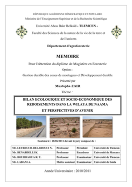 Bilan Ecologique Et Socio-Economique Des Reboisements Dans La Wilaya De Naama Et Perspectives D’Avenir