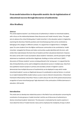 From Model Minorities to Disposable Models: the De-Legitimisation of Educational Success Through Discourses of Authenticity