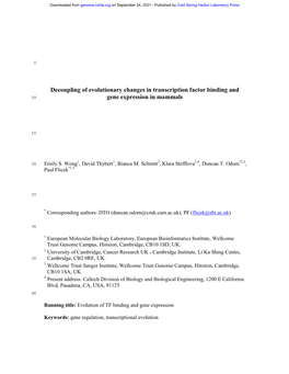 Decoupling of Evolutionary Changes in Transcription Factor Binding and 10 Gene Expression in Mammals